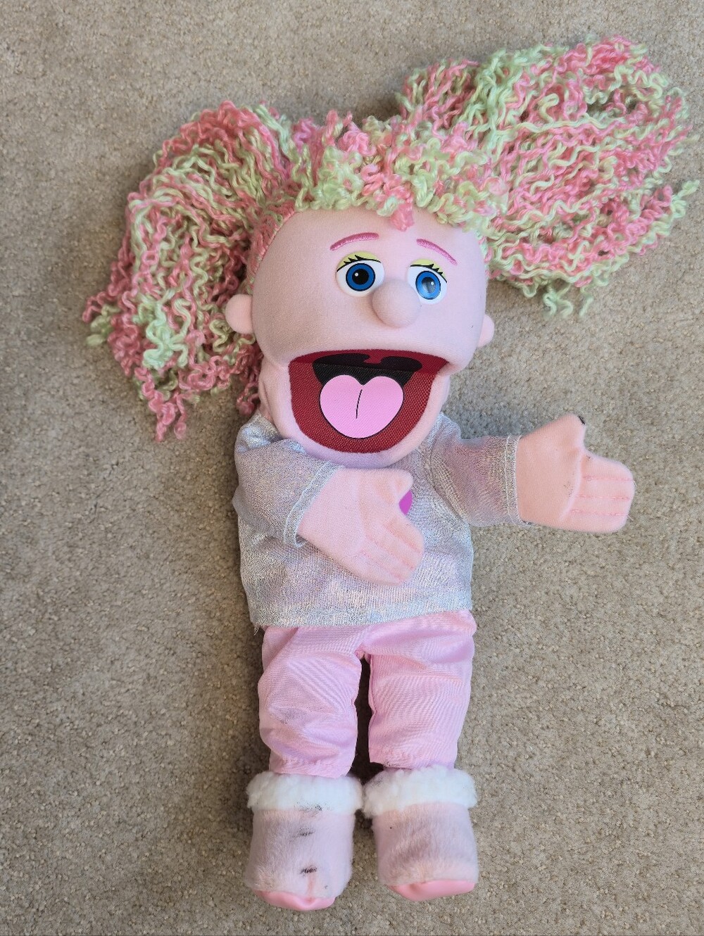 Silly Puppets Kimmie Pink Heart Girl Hand Puppet Silver Top Movable Mouth 14"